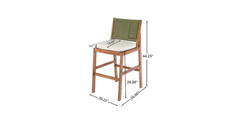 Flynama Set of 2 Outdoor Acacia Wood Bar Height Stools, Teak Finish with Cushion and Wicker Back