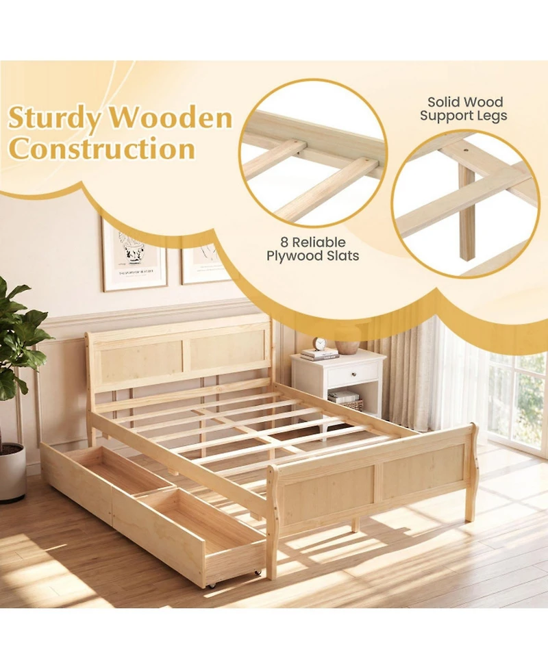 Sugift Full Size Sleigh Bed Frame with 2 Storage Drawers and Footboard for Kids Teens Adults