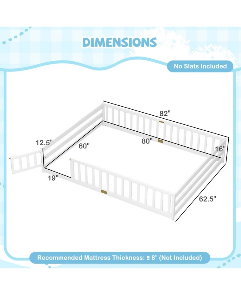 Sugift Queen Size Montessori Floor Bed Frame With Full Length Safety Guardrails For Kids