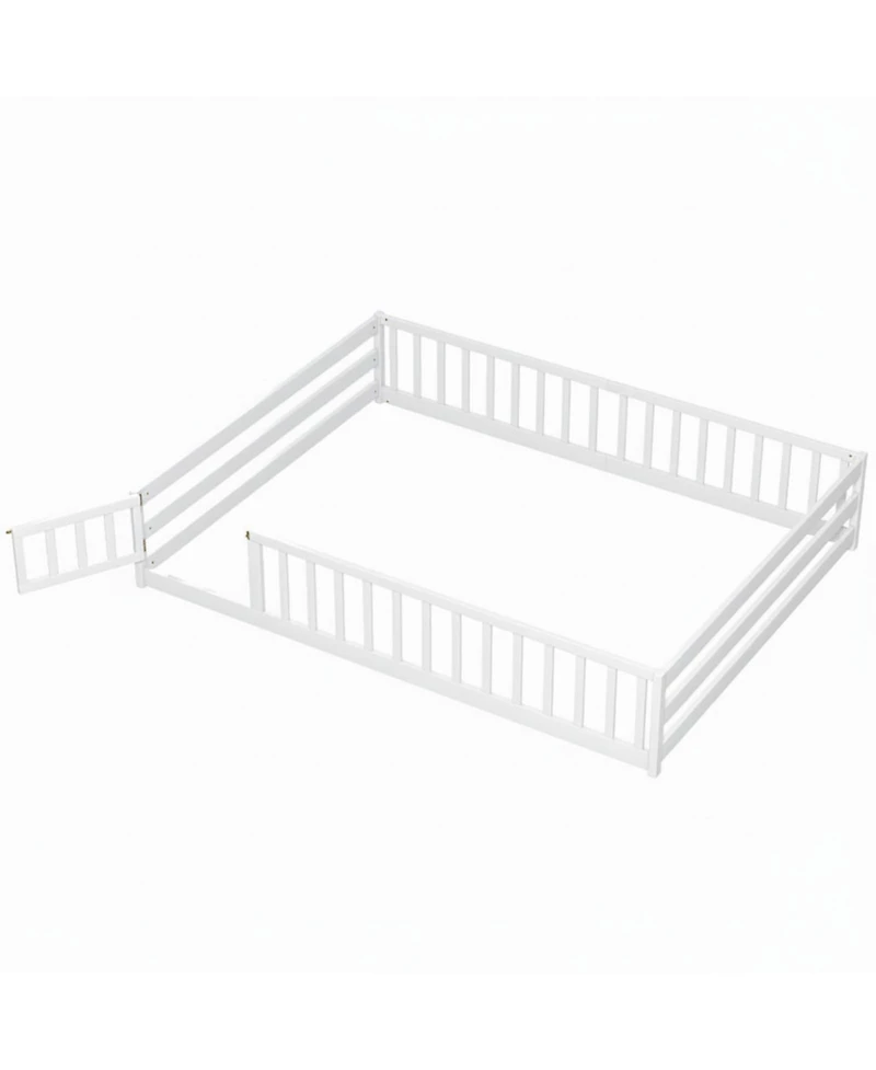 Sugift Queen Size Montessori Floor Bed Frame With Full Length Safety Guardrails For Kids