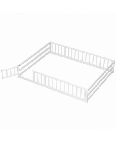 Sugift Queen Size Montessori Floor Bed Frame With Full Length Safety Guardrails For Kids