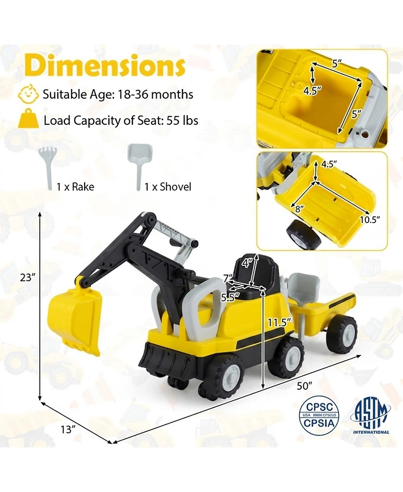 Hongge 2-In-1 Foot-to-Floor Ride-On Tractor with Digging Arm and Detachable Trailer, 50"L x 13"W x 23"H, 55 lb. Capacity, Ages 3+