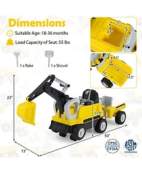 Hongge 2-In-1 Foot-to-Floor Ride-On Tractor with Digging Arm and Detachable Trailer, 50"L x 13"W x 23"H, 55 lb. Capacity, Ages 3+