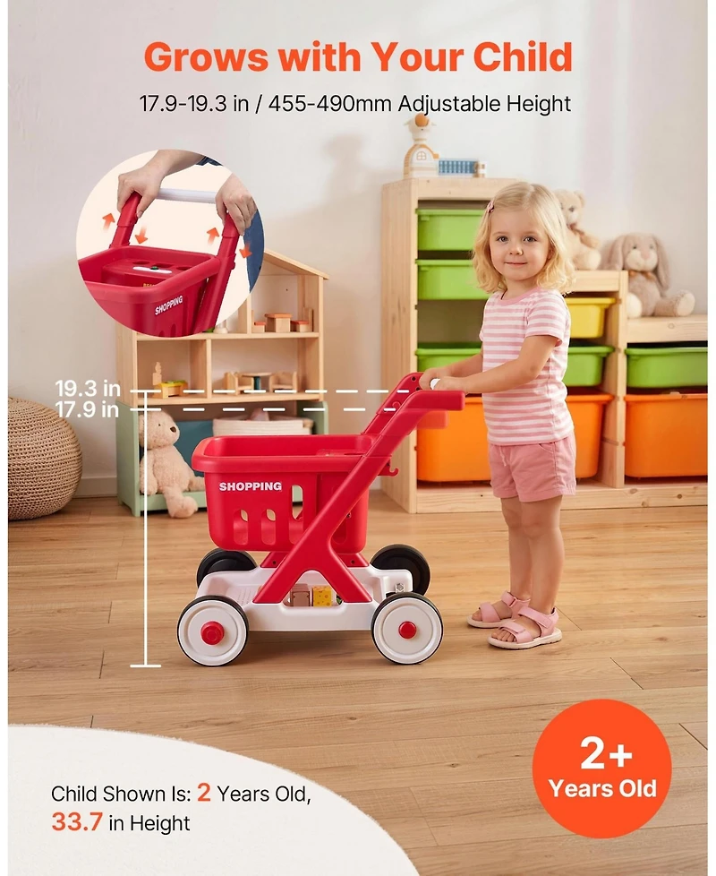 Hongge Scan and Sort Kids Shopping Cart with Pretend Food Light-Up Scanner and Adjustable Handle Ages 2 Plus