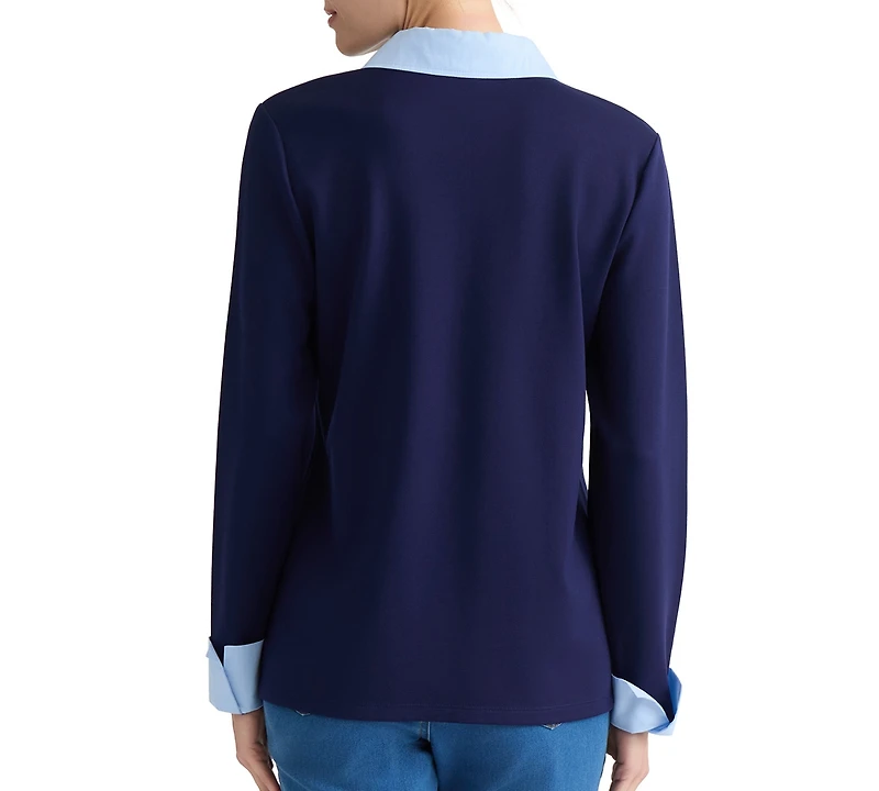 Jones New York Petite Long-Sleeve Collared V-Neck Blouse