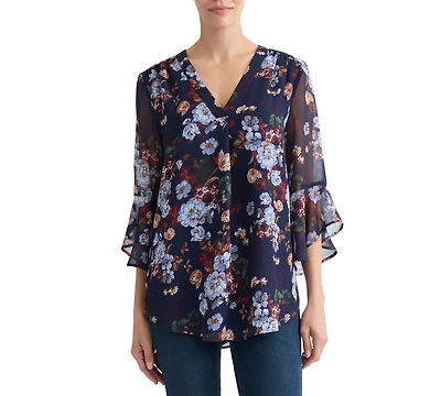 Jones New York Petite Floral-Print V-Neck 3/4-Length Flutter-Sleeve Blouse