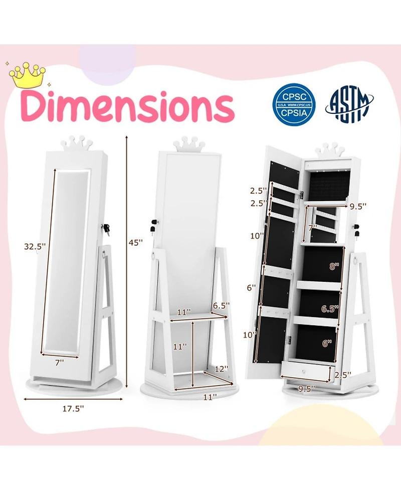 Sugift Kids 3-in-1 Crown Jewelry Armoire with Lighted Full-Length Mirror and 360-Degree Swivel Base