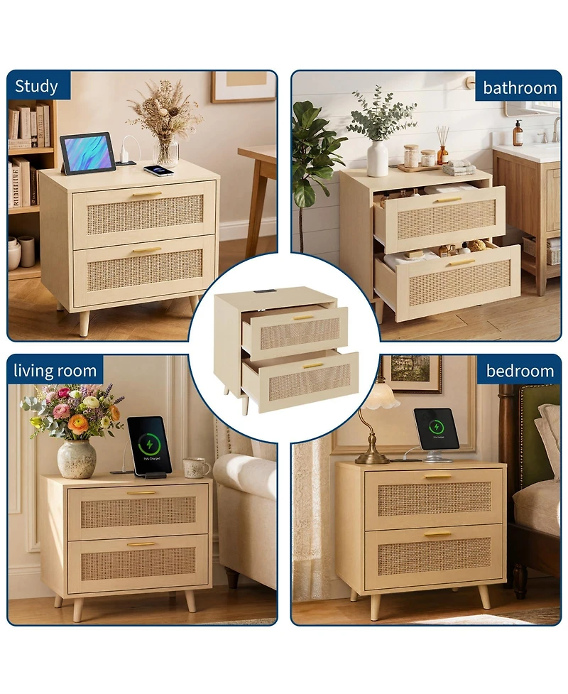homfan Rattan Nightstand with Charging Station