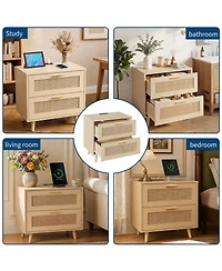 homfan Rattan Nightstand with Charging Station