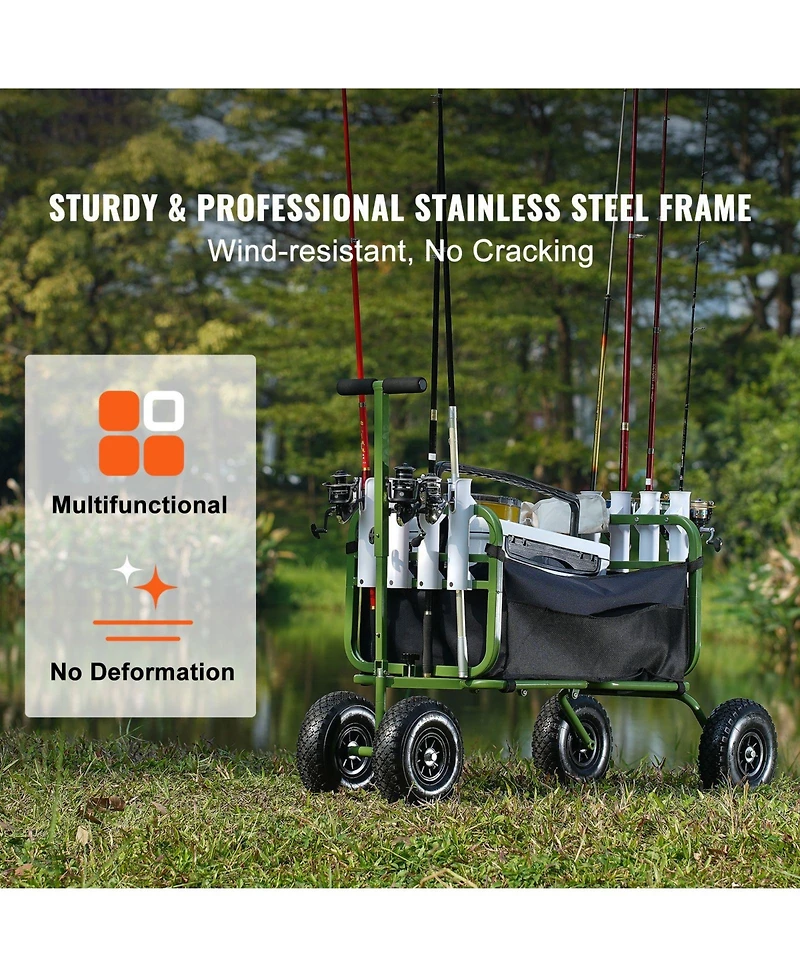 Mountaintop Beach Fishing Cart,300 lbs Steel Trolley,11" Balloon Tires,8 Rod Holders, Foldable Cart for Pier, Picnic and Fishing