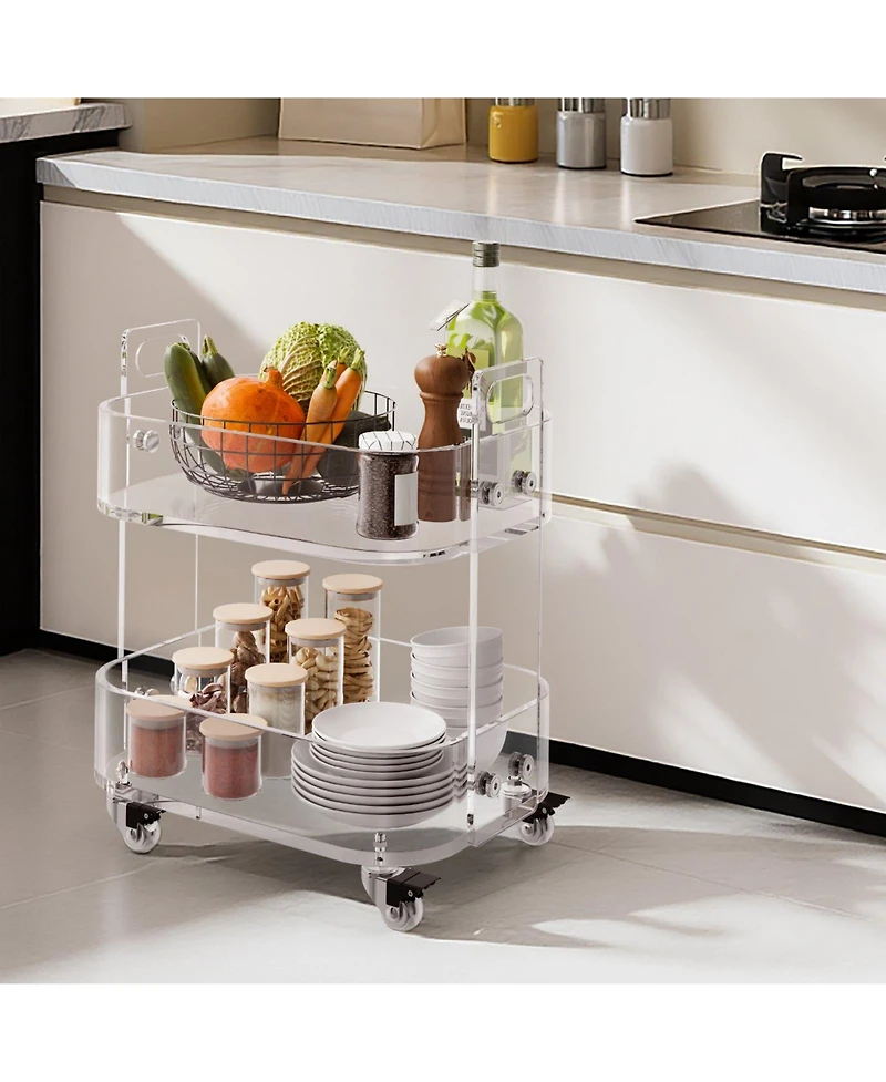 Slickblue 2 Tier Acrylic Rolling Cart Table with Wheels, Clear Storage Side Desk