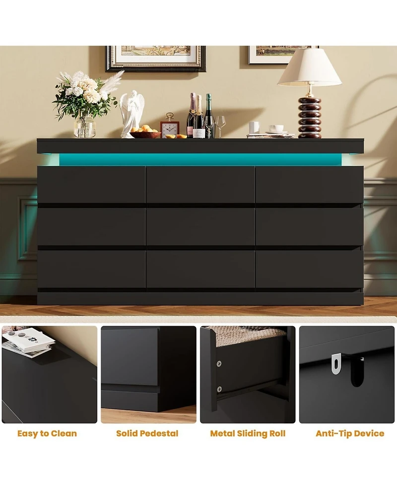homfan 9 Drawer Dresser for Bedroom, 63" Wide Chest with Led Light and Charging Station, Tv Stand Multi-Functional Organizer for Living Room