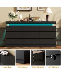 homfan 9 Drawer Dresser for Bedroom, 63" Wide Chest with Led Light and Charging Station, Tv Stand Multi-Functional Organizer for Living Room