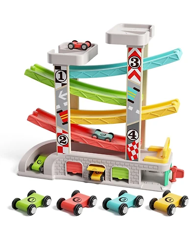 Top Bright Car Ramp Toys With 4 Cars Built-in Parking Lot And Gas Station Wooden Race Track Car Toy For Preschool Learning Activities Toddler