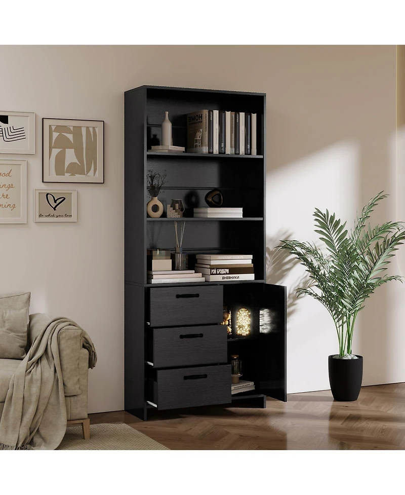 homfan 71" Tall Black Bookcase with Doors and 3 Drawers, 3-Tier Open Shelves