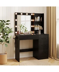 Sugift Vanity Desk with 3-Color Lighted Mirror Power Outlets and 4 Drawers