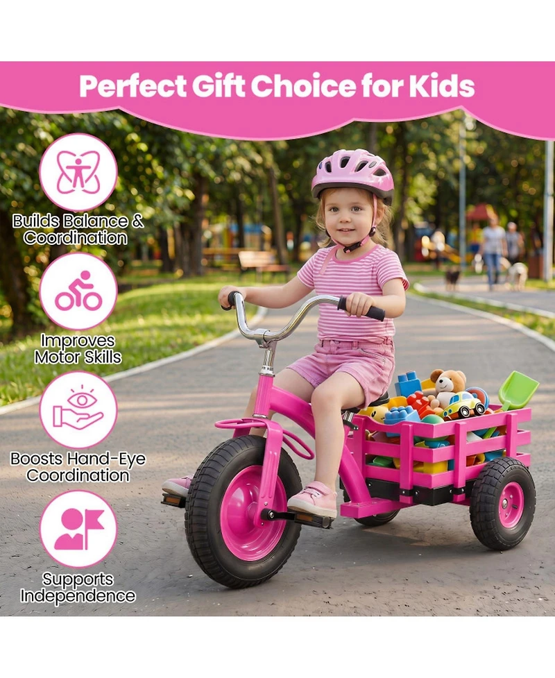Hongge Kids Tricycle with Inflatable Rubber Tires and Wooden Basket, 200 lbs Capacity, Ages 3+