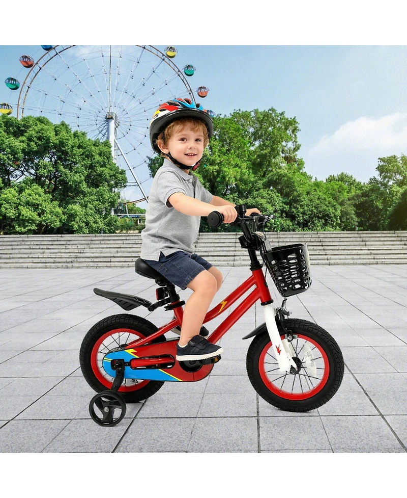 Hongge 12-Inch Kids Bike with Training Wheels, Adjustable Seat and Handlebar, Dual Brake System, 100 lbs Capacity, Ages 3–4