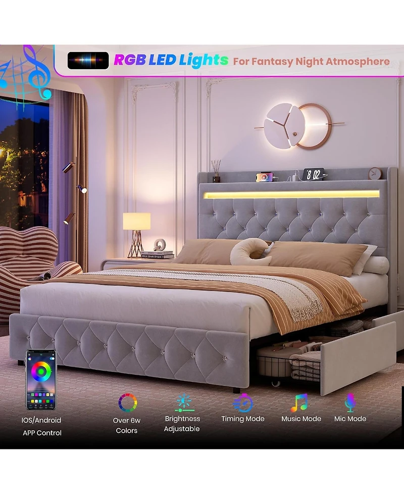 gaomon Queen Size Velvet Led Platform Bed with Storage Headboard