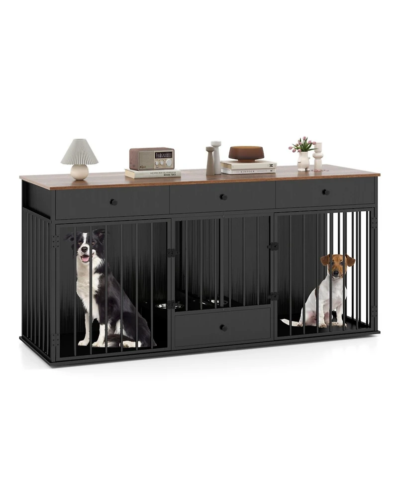 Ruie Modern Dog Kennel Furniture 71 in 2 Room Pet Cabinet with Pull Out Feeder