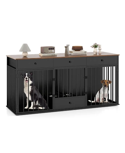 Ruie Modern Dog Kennel Furniture 71 in 2 Room Pet Cabinet with Pull Out Feeder