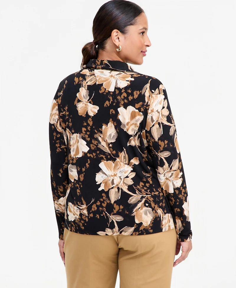 I.n.c. International Concepts Plus Floral-Print Johnny Collar Long-Sleeve Blouse, Macy's Exclusive