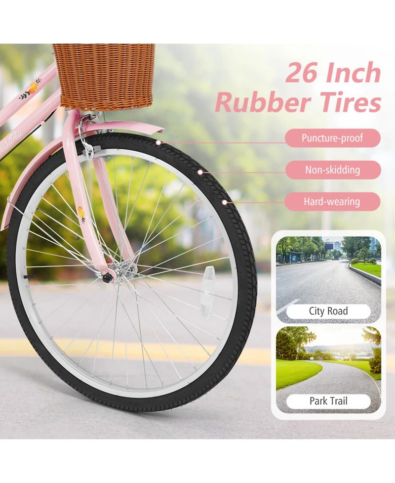Hongge 26-Inch Beach Cruiser Bike with Woven Basket Rear Rack and Cushioned Spring Seat