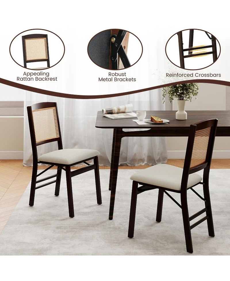 Sugift Folding Rubber Wood Dining Chairs Set of 4 with Rattan Backrest