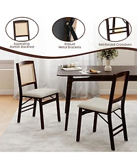 Sugift Folding Rubber Wood Dining Chairs Set of 4 with Rattan Backrest