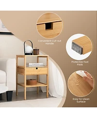 Sugift Bamboo Nightstand with Slatted Open Shelves and Storage Drawer