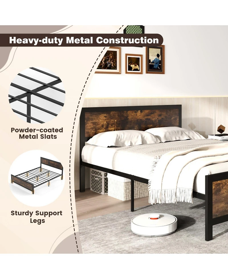 Sugift Metal Platform Bed Frame with Wood Grain Headboard and Footboard