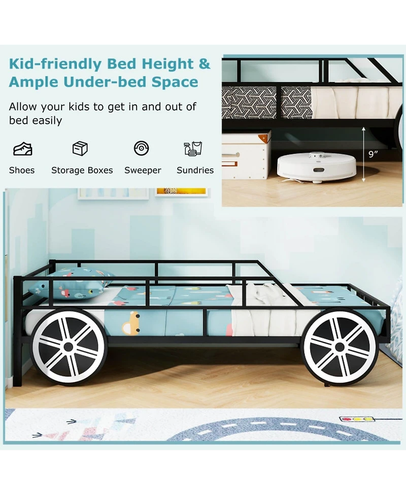 Sugift Kids Car-Shaped Metal Bed Frame with Safety Guardrails