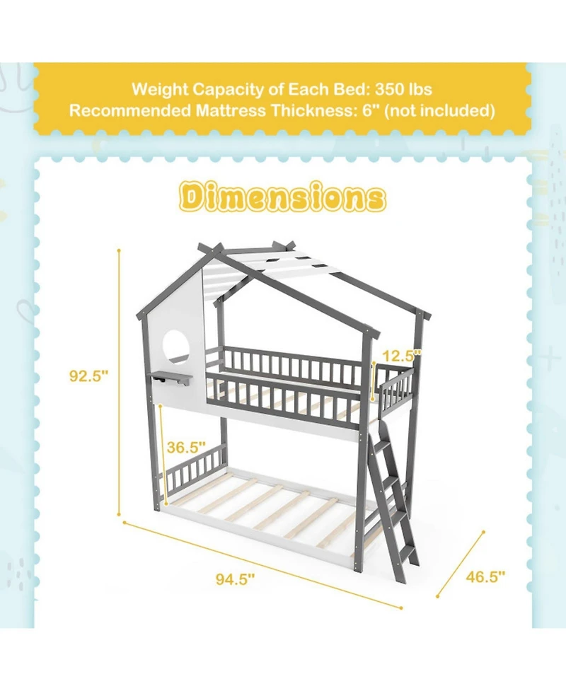 Sugift Twin House Bunk Bed with Roof Ladder and Full-Length Guardrails