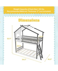 Sugift Twin House Bunk Bed with Roof Ladder and Full-Length Guardrails
