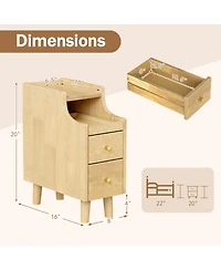Sugift Solid Wood Narrow Nightstand with Pull-Out Tray and 2 Storage Drawers