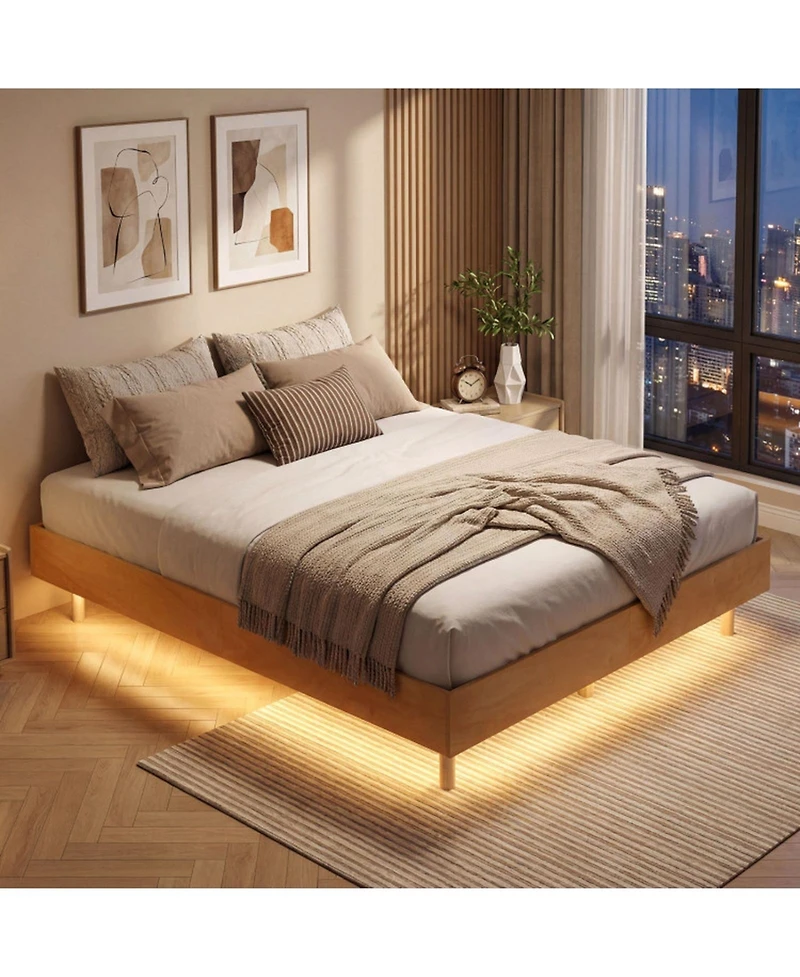 Sugift Floating Platform Bed Frame with Rgb Led Lights and Wood Slats