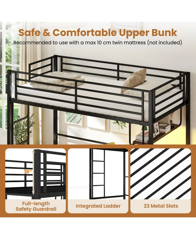 Sugift Twin Size Metal Loft Bed with Desk Led Lights and Charging Station