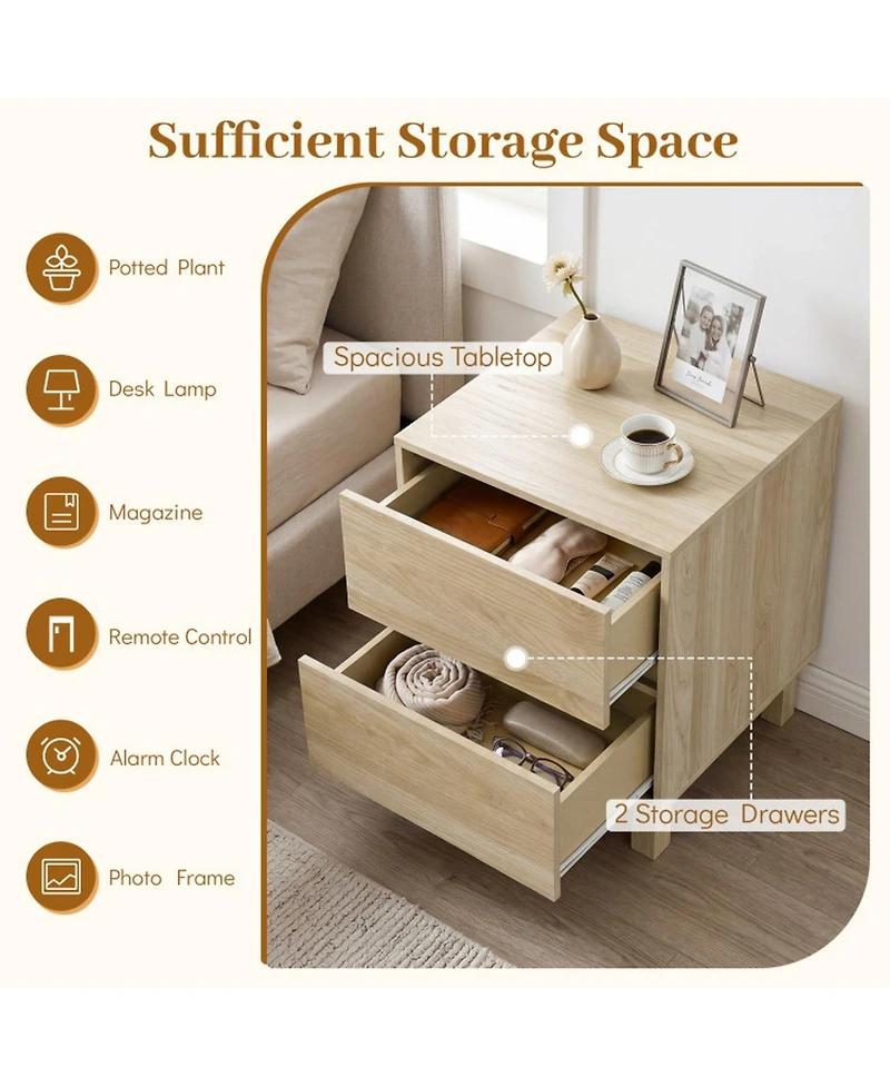 Sugift Modern Wooden End Table with 2 Storage Drawers and Elevated Legs