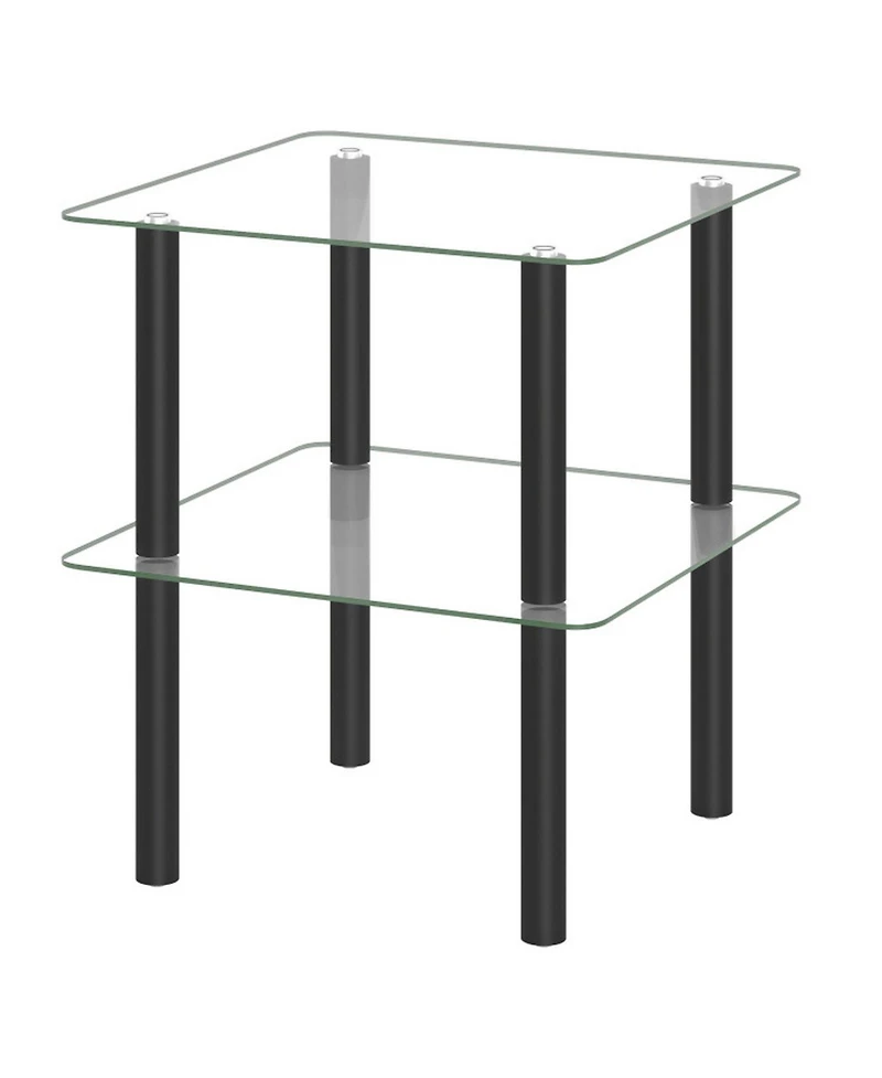 Sugift 2-Tier Square End Table with Tempered Glass Top and Rubber Wood Legs