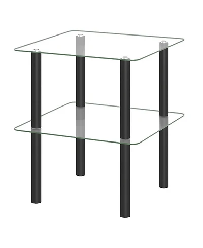 Sugift 2-Tier Square End Table with Tempered Glass Top and Rubber Wood Legs