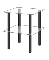 Sugift 2-Tier Square End Table with Tempered Glass Top and Rubber Wood Legs