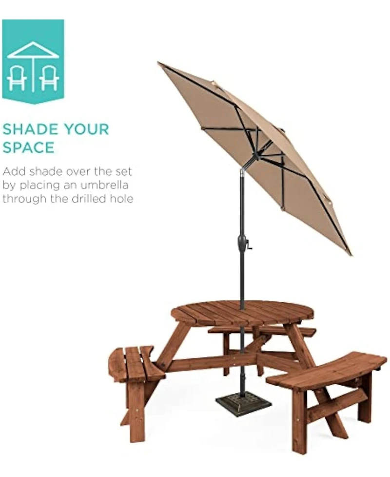 Gaomon 6-Person Round Natural Wood Outdoor Picnic Table with Attached Benches and Umbrella Hole for Patio Garden, Umbrella Not Included