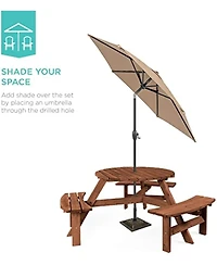 Gaomon 6-Person Round Natural Wood Outdoor Picnic Table with Attached Benches and Umbrella Hole for Patio Garden, Umbrella Not Included