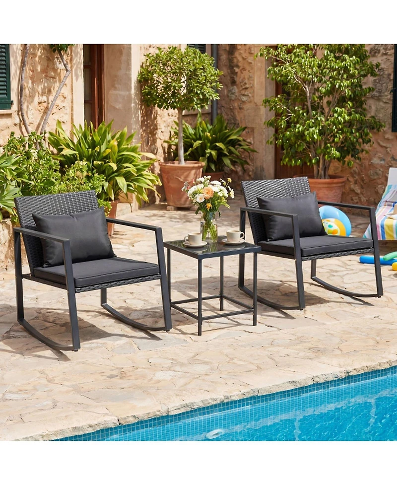Sugift 3-Piece Outdoor Rocking Bistro Set with Cushions and Tempered Glass Table