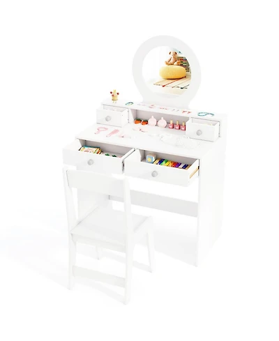 Sugift Kids Princess Vanity Desk and Chair Set with Mirror and Storage Drawers