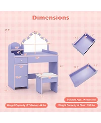 Sugift Kids Vanity Desk and Stool Set with Cloud-Shaped Lighted Mirror and Side Cabinet