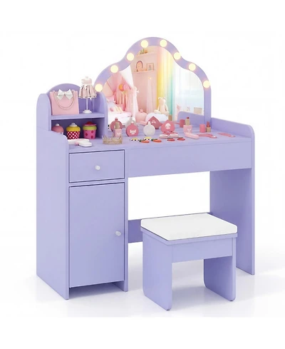 Sugift Kids Vanity Desk and Stool Set with Cloud-Shaped Lighted Mirror and Side Cabinet