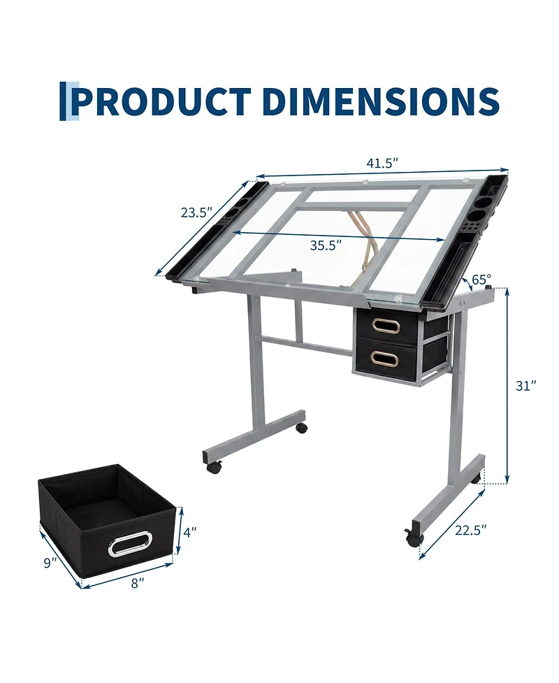 homfan Adjustable Glass Drafting Desk with Wheels and Storage Drawers, 0-65degree(s) Tilting Art Table for Home Office
