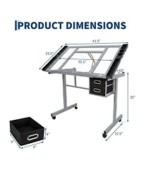 homfan Adjustable Glass Drafting Desk with Wheels and Storage Drawers, 0-65degree(s) Tilting Art Table for Home Office