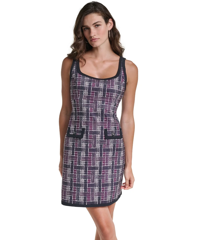 Karl Lagerfeld Paris Women's Printed Plaid Scoop Neck Sleeveless A-Line Dress